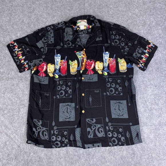 VTG Paradise Found Shirt Mens XL Black Cocktail Drinks AOP Hawaiian Aloha - Picture 1 of 12